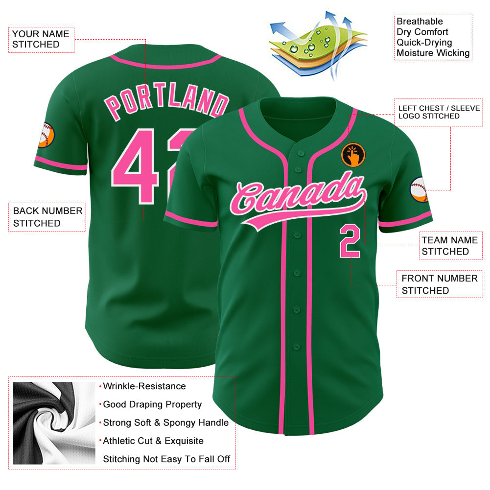 Custom Kelly Green Pink-White Authentic Baseball Jersey