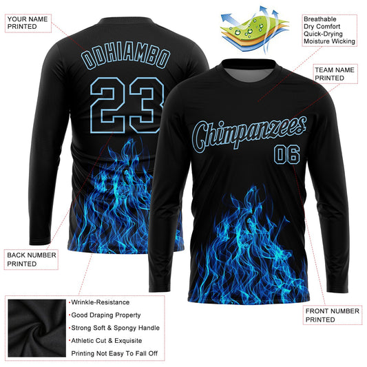 Custom Black Black-Light Blue Flame 3D Pattern Long Sleeve Performance T-Shirt