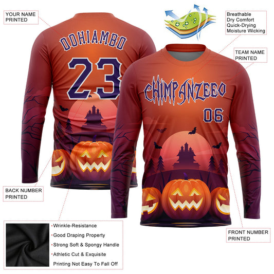 Custom 3D Pattern Halloween Pumpkins Horror Night Long Sleeve Performance T-Shirt