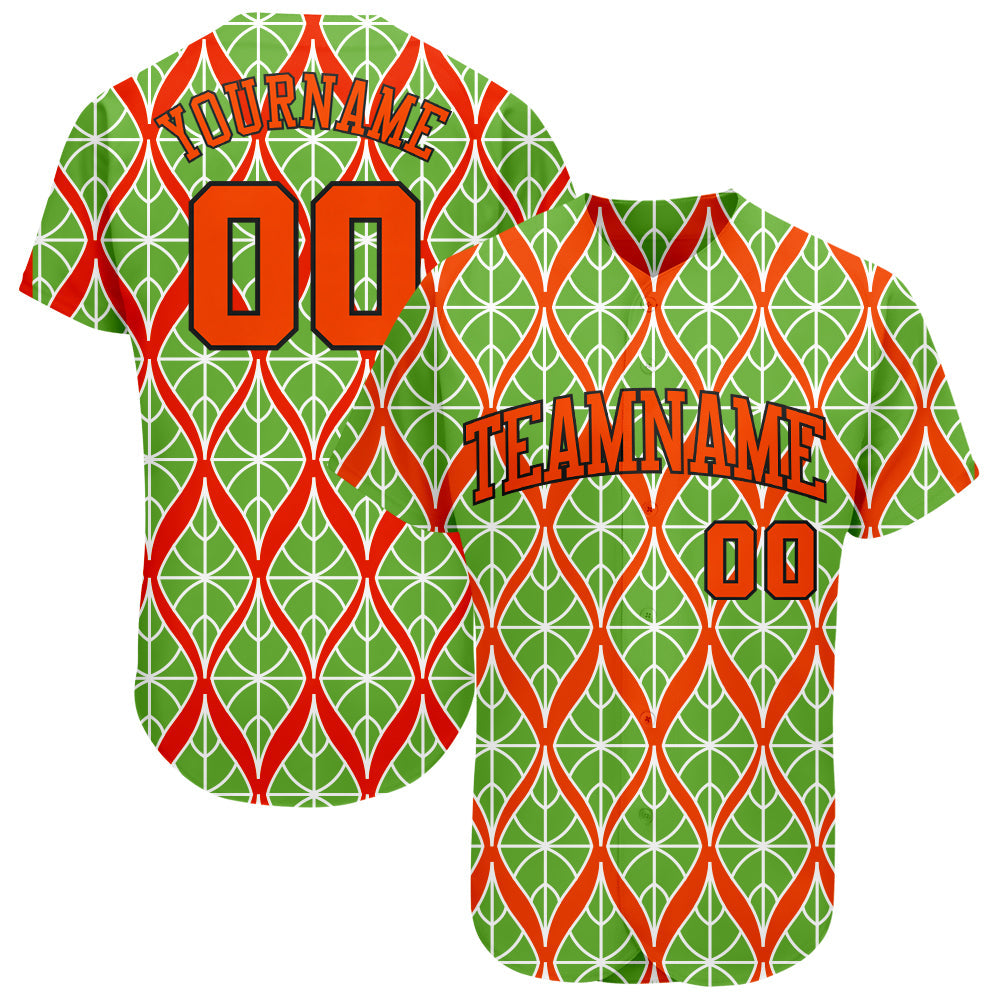 Custom Neon Green Orange-Black 3D Pattern Design Authentic Baseball Jersey