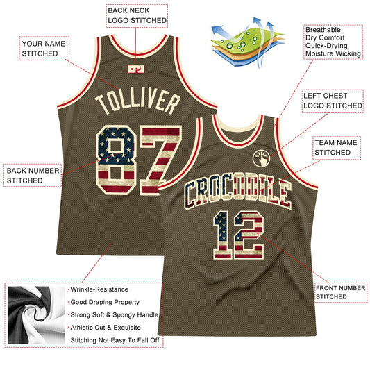 Custom Olive Vintage USA Flag-Cream Authentic Throwback Salute To Service  Basketball Jersey