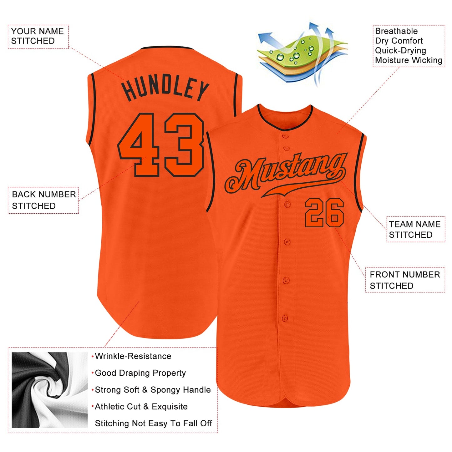 Custom Orange Orange-Black Authentic Sleeveless Baseball Jersey
