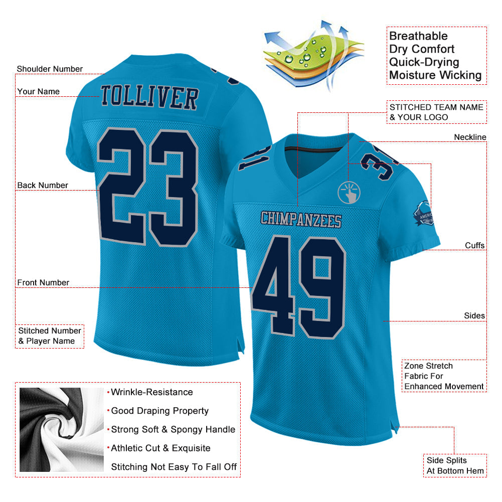 Custom Panther Blue Navy-Gray Mesh Authentic Football Jersey