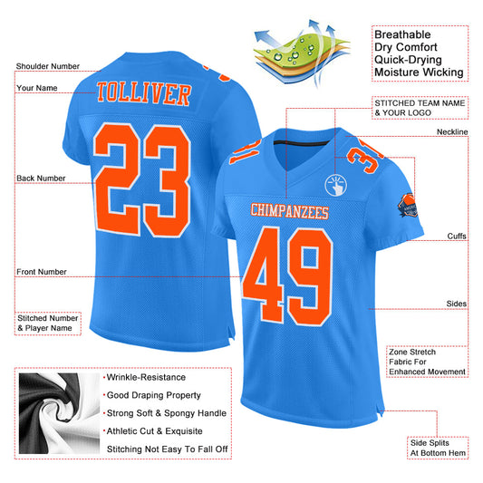 Custom Powder Blue Orange-White Mesh Authentic Football Jersey