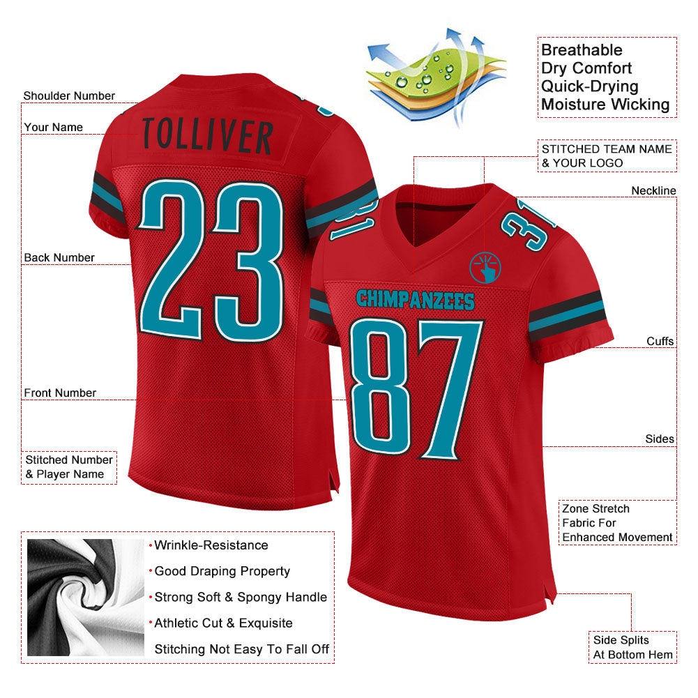 Custom Red Teal-Black Mesh Authentic Football Jersey