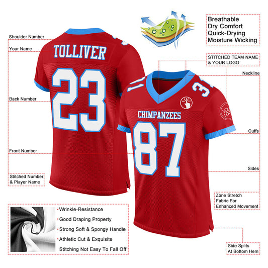 Custom Red White-Electric Blue Mesh Authentic Football Jersey