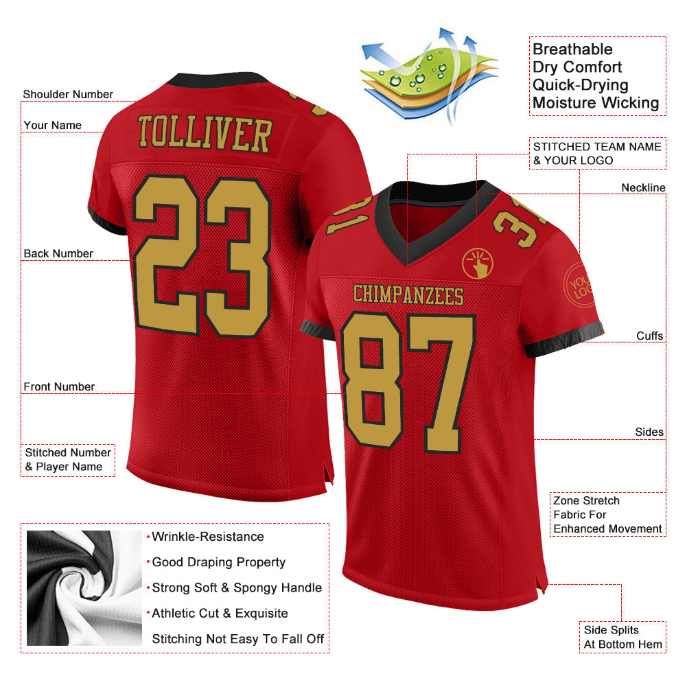 Custom Red Old Gold-Black Mesh Authentic Football Jersey