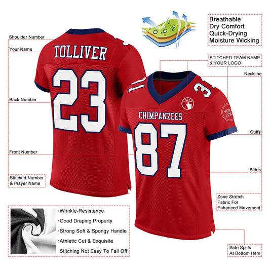 Custom Red White-Navy Mesh Authentic Football Jersey