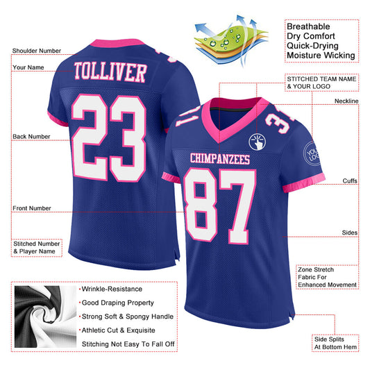 Custom Royal White-Pink Mesh Authentic Football Jersey