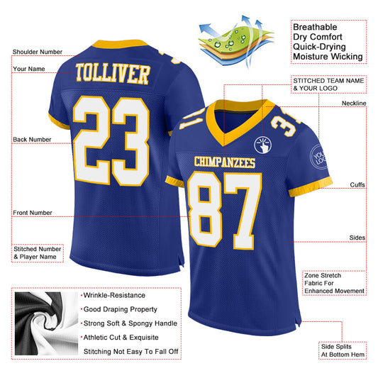 Custom Royal White-Gold Mesh Authentic Football Jersey