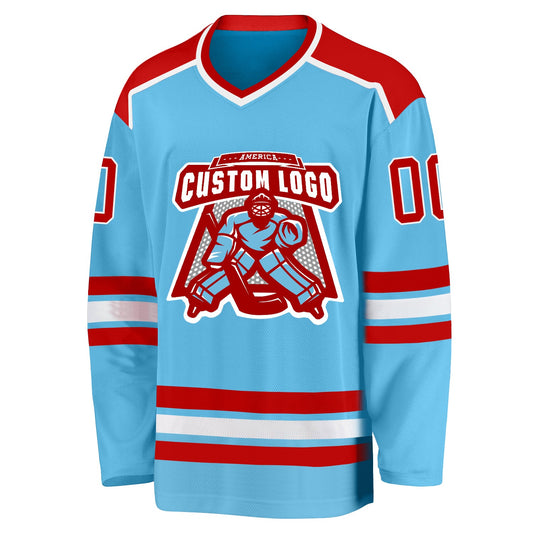 Custom Sky Blue Red-White Hockey Jersey