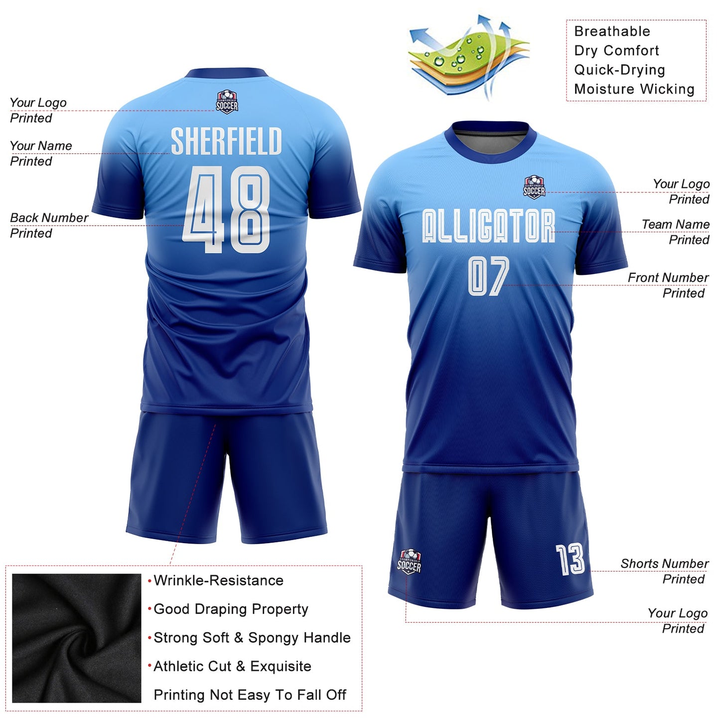 Custom Light Blue White-Royal Sublimation Fade Fashion Soccer Uniform Jersey