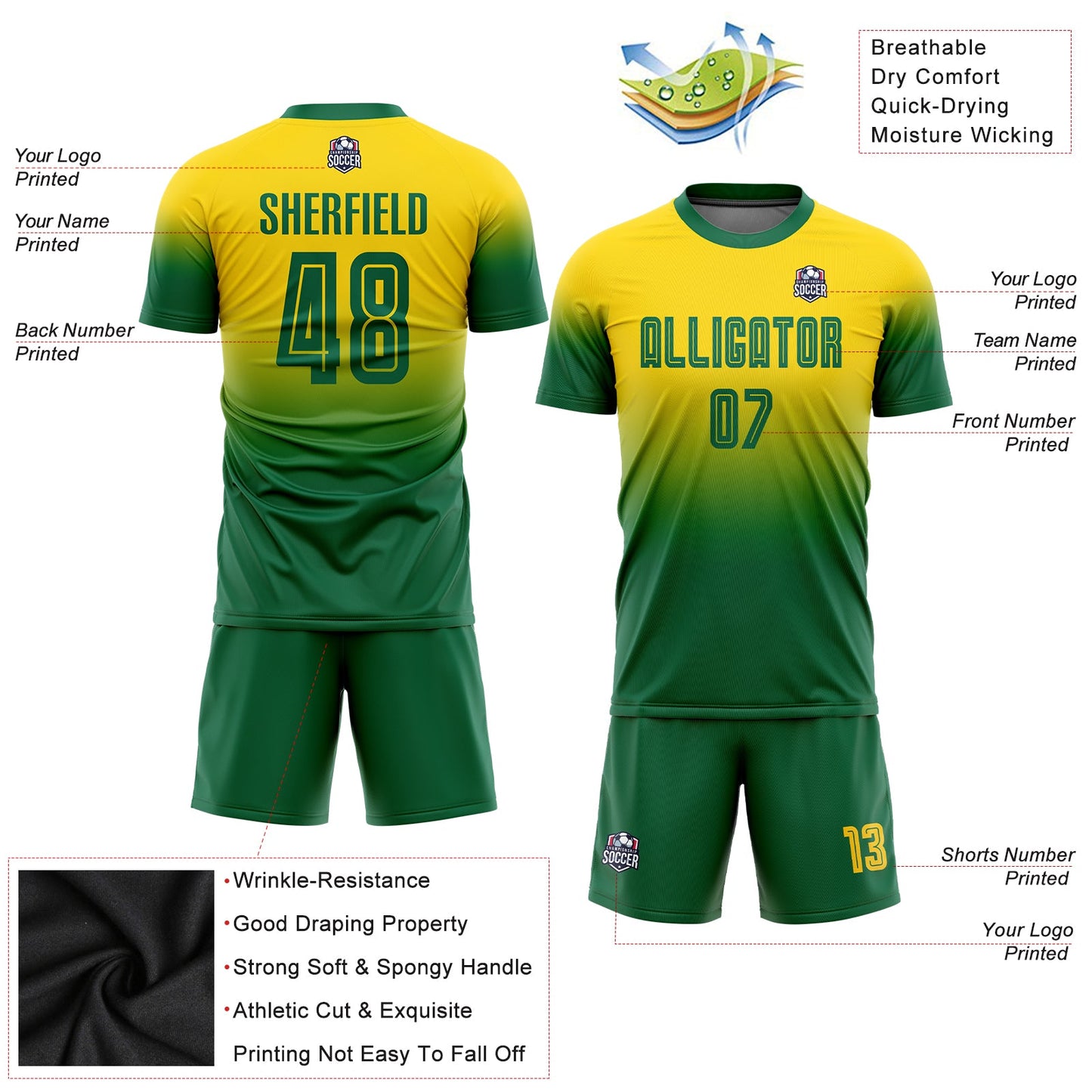 Custom Gold Kelly Green Sublimation Fade Fashion Soccer Uniform Jersey