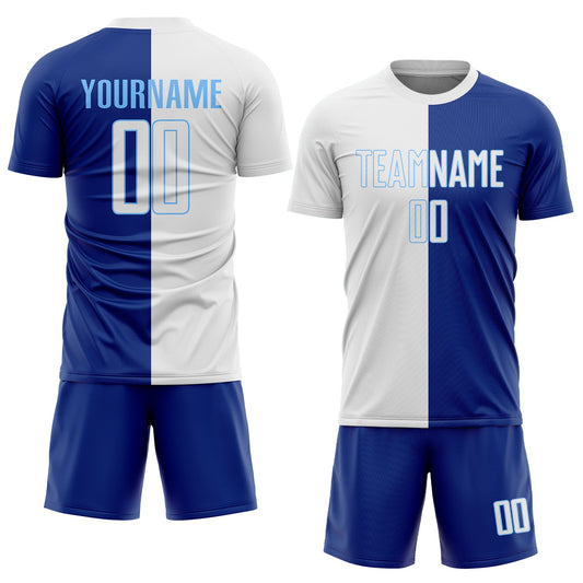 Custom Royal White-Light Blue Sublimation Split Fashion Soccer Uniform Jersey