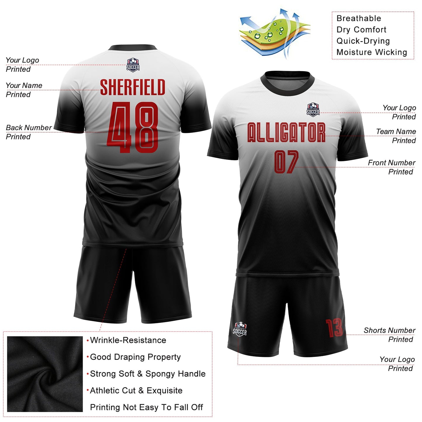 Custom White Red-Black Sublimation Fade Fashion Soccer Uniform Jersey