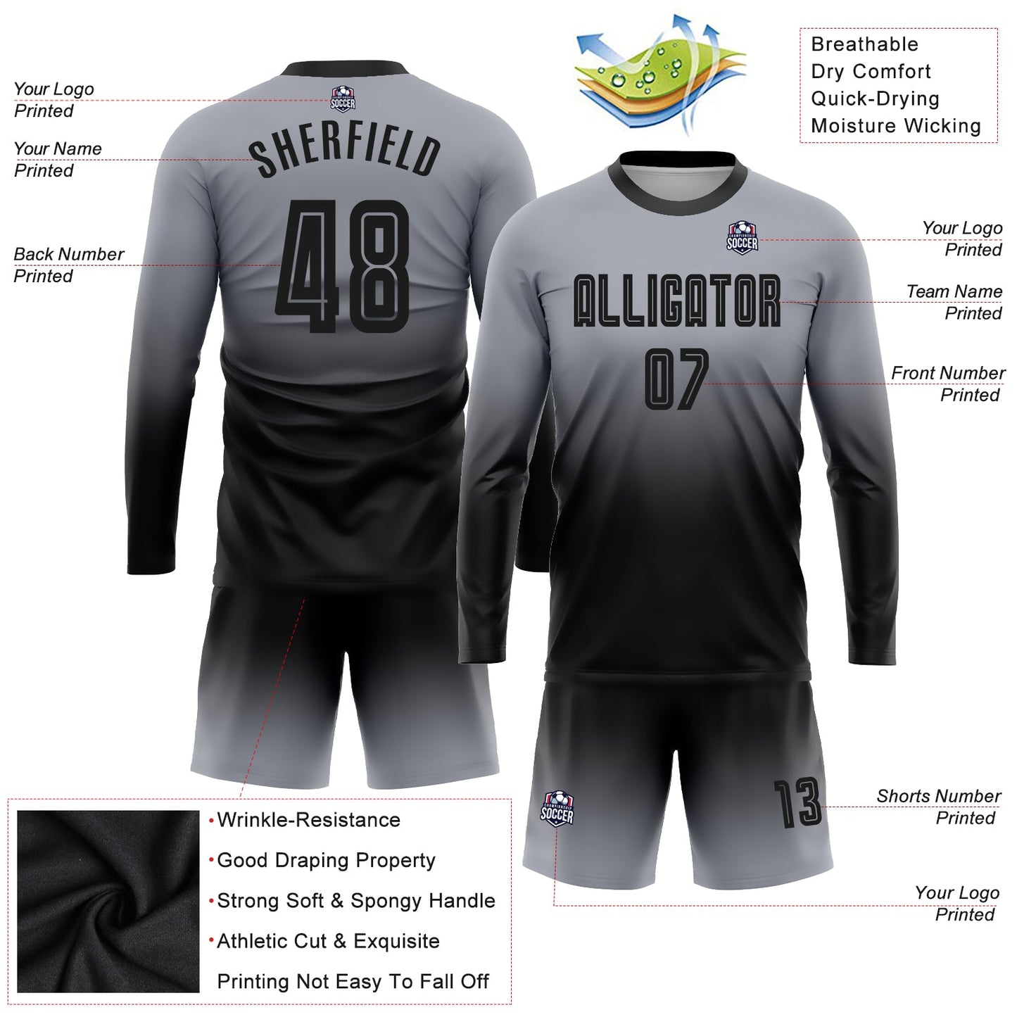 Maillot d'uniforme de football à manches longues, personnalisé, gris et noir, fondu, à la mode, par Sublimation