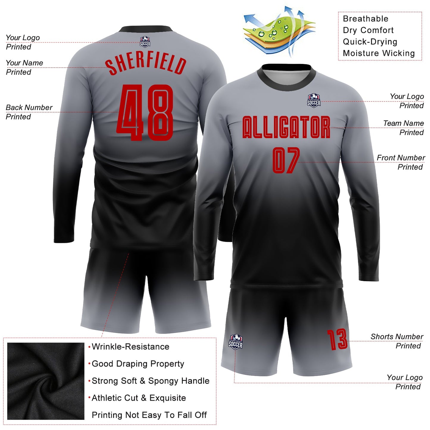 Maillot d'uniforme de football à manches longues, personnalisé, gris, rouge-noir, fondu, à la mode, par Sublimation