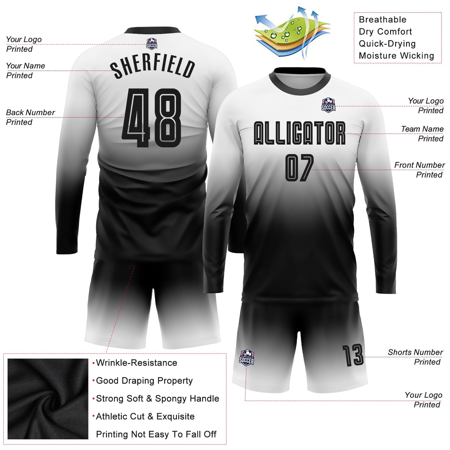 Maillot d'uniforme de football à manches longues, personnalisé, blanc et noir, fondu, à la mode, par Sublimation