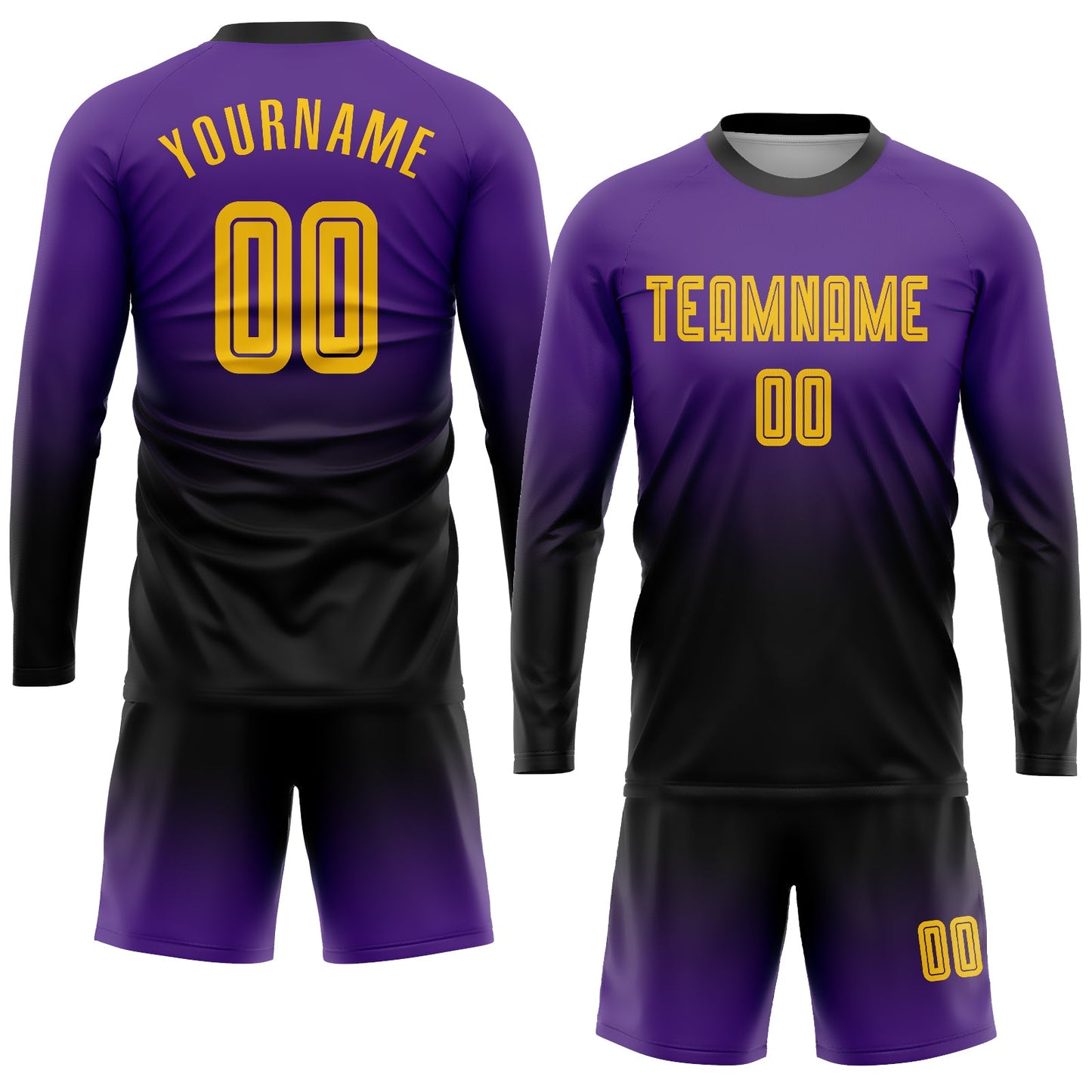 Maillot d'uniforme de football personnalisé à manches longues, violet, or et noir, fondu, à la mode, par Sublimation