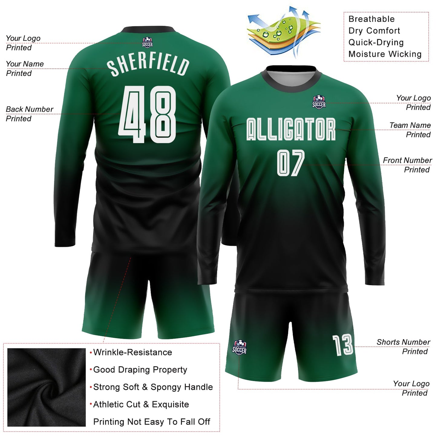 Maillot d'uniforme de football à manches longues, personnalisé, vert blanc-noir, par Sublimation, à la mode, fondu, à la mode