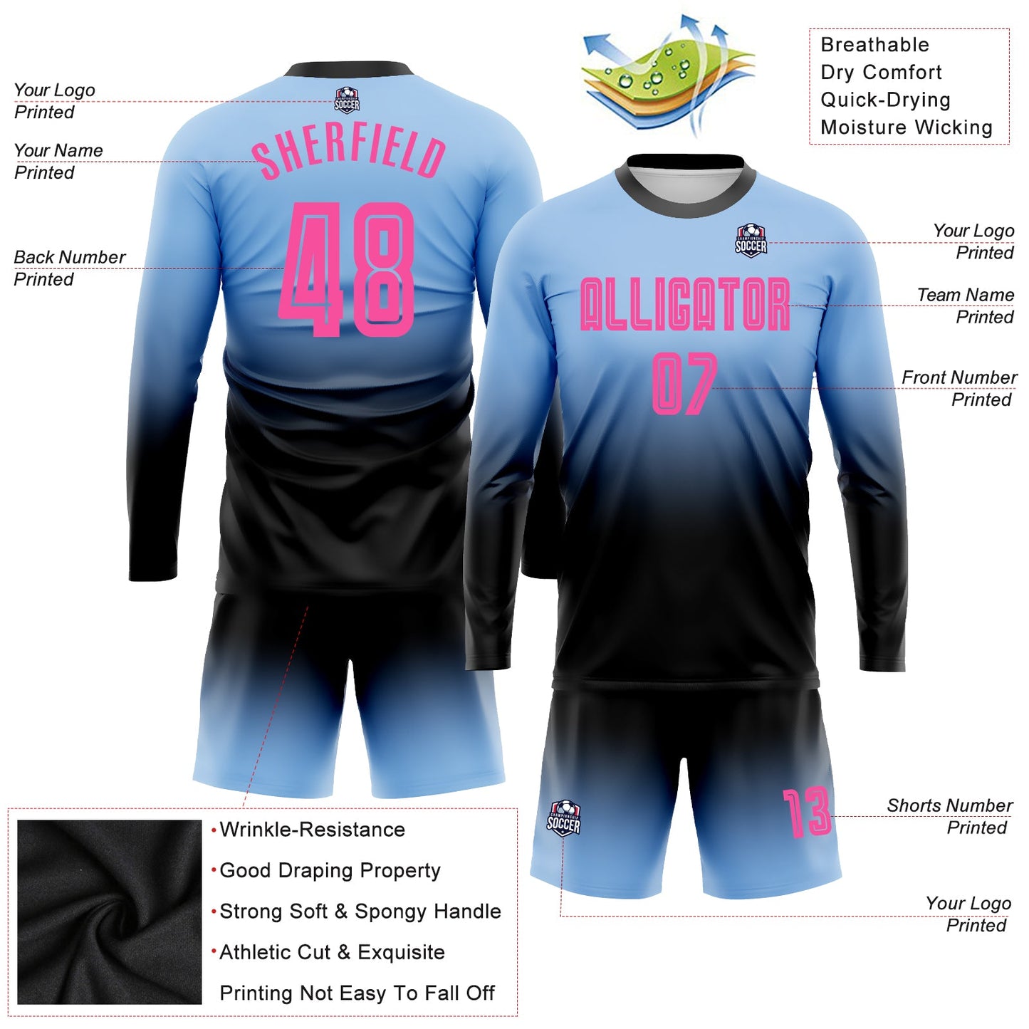 Maillot d'uniforme de football à manches longues, bleu clair, rose et noir, personnalisé, à la mode, fondu, par Sublimation