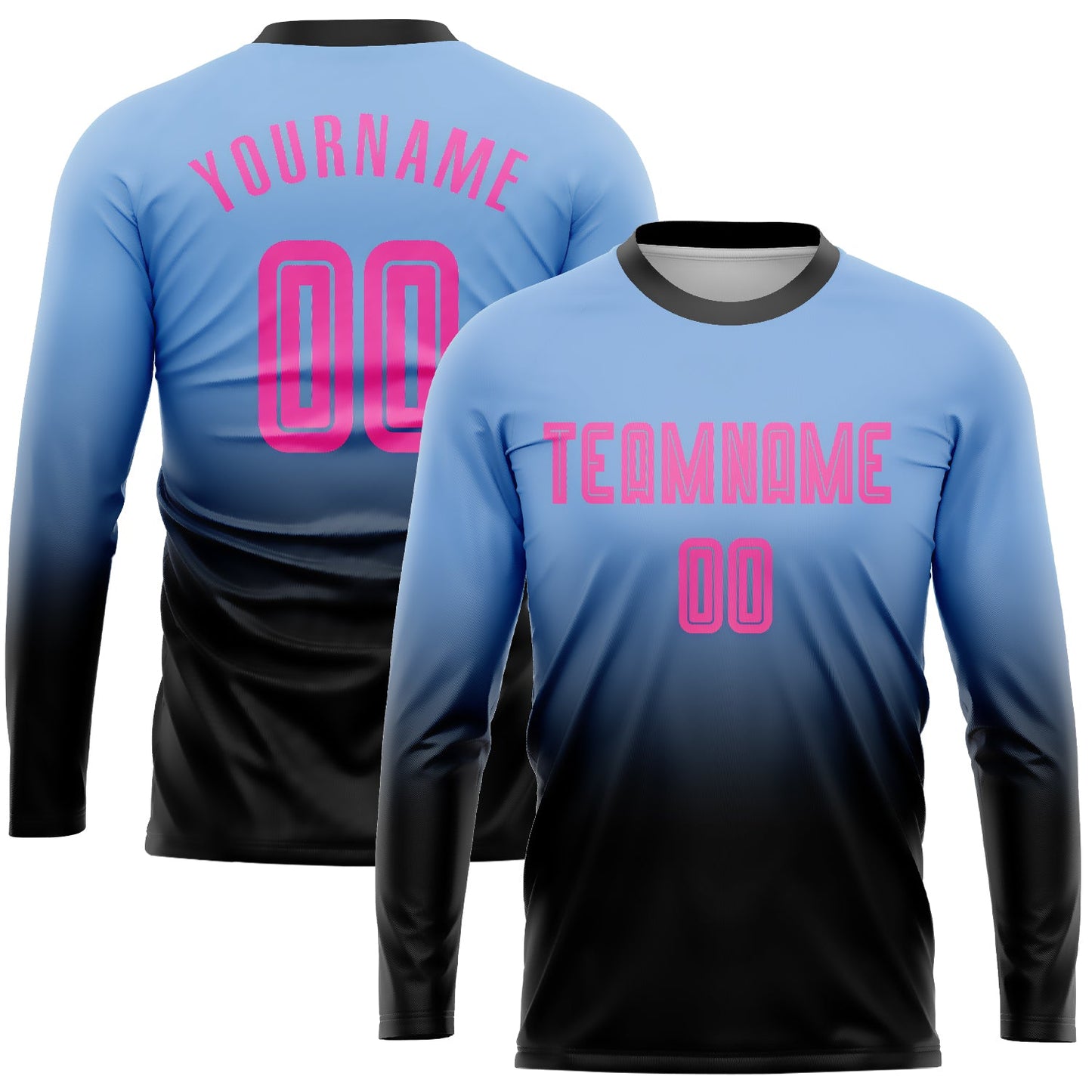 Custom Light Blue Pink-Black Sublimation Long Sleeve Fade Fashion Soccer Uniform Jersey