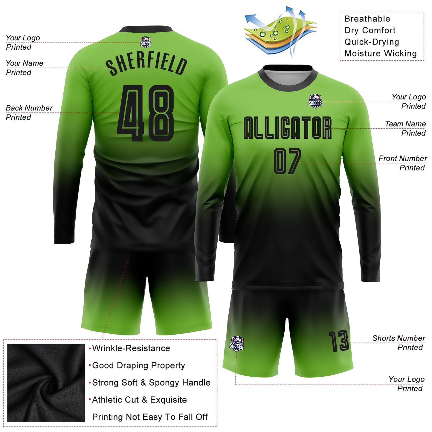 Maillot d'uniforme de football personnalisé à manches longues, vert néon, noir, fondu, à la mode, par Sublimation