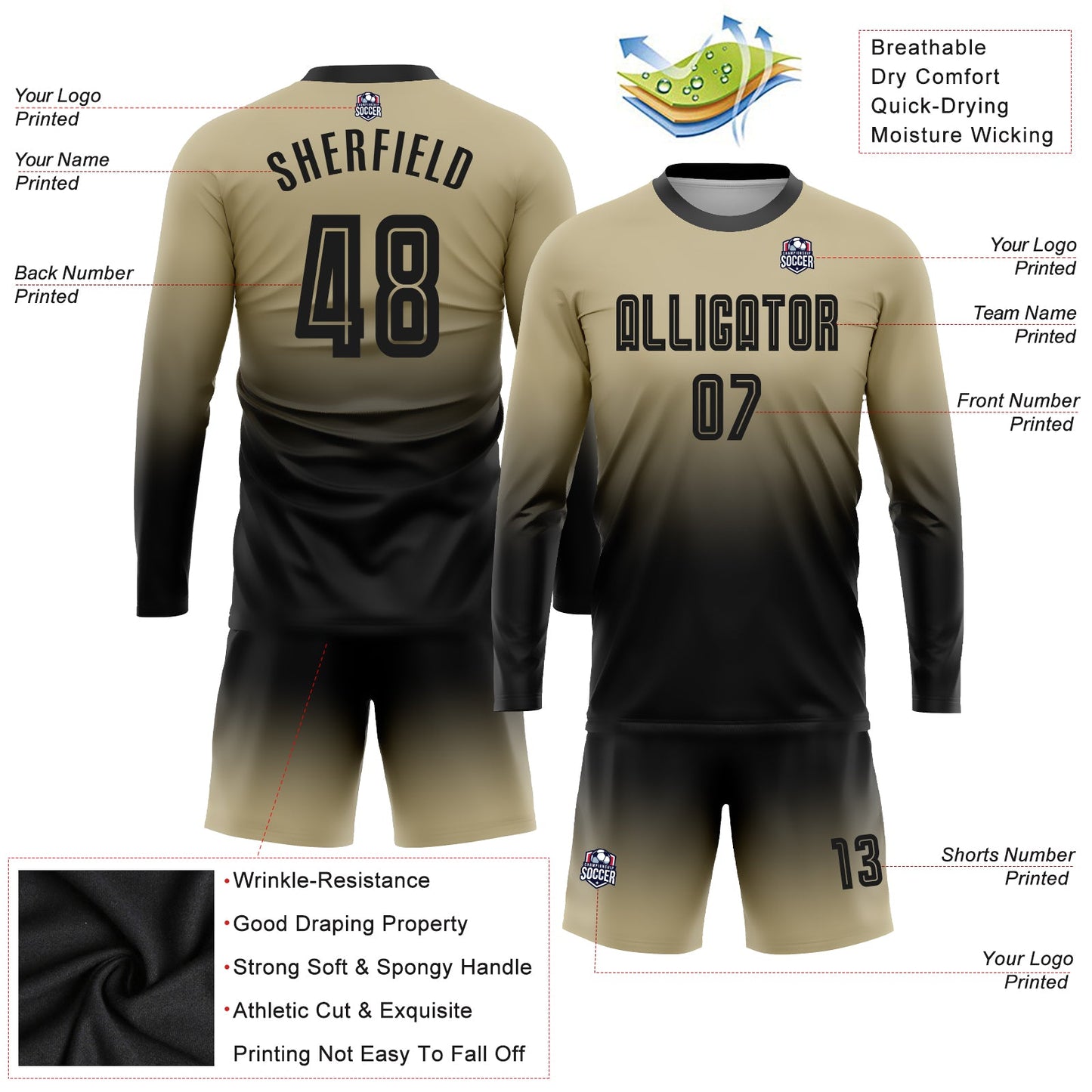 Maillot d'uniforme de football à manches longues, personnalisé Vegas or noir, Sublimation, fondu, mode