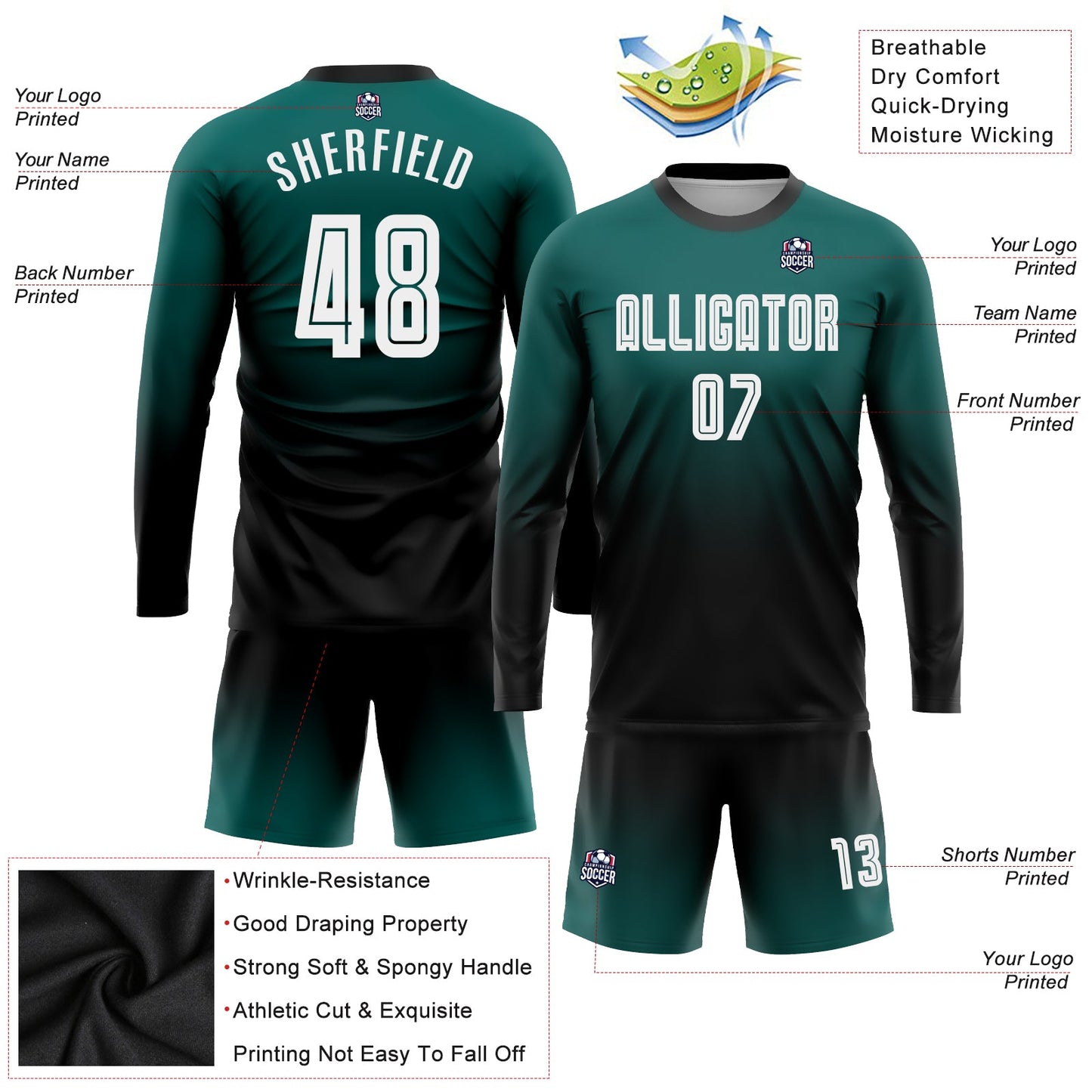Maillot d'uniforme de football à manches longues, personnalisé, vert minuit, blanc-noir, par Sublimation, à la mode, fondu