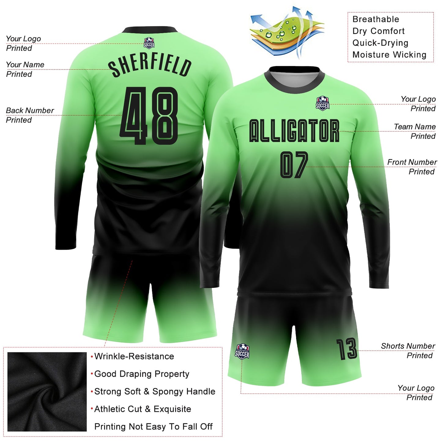 Maillot d'uniforme de football à manches longues, personnalisé, vert pois, noir, sublimation, à la mode, fondu