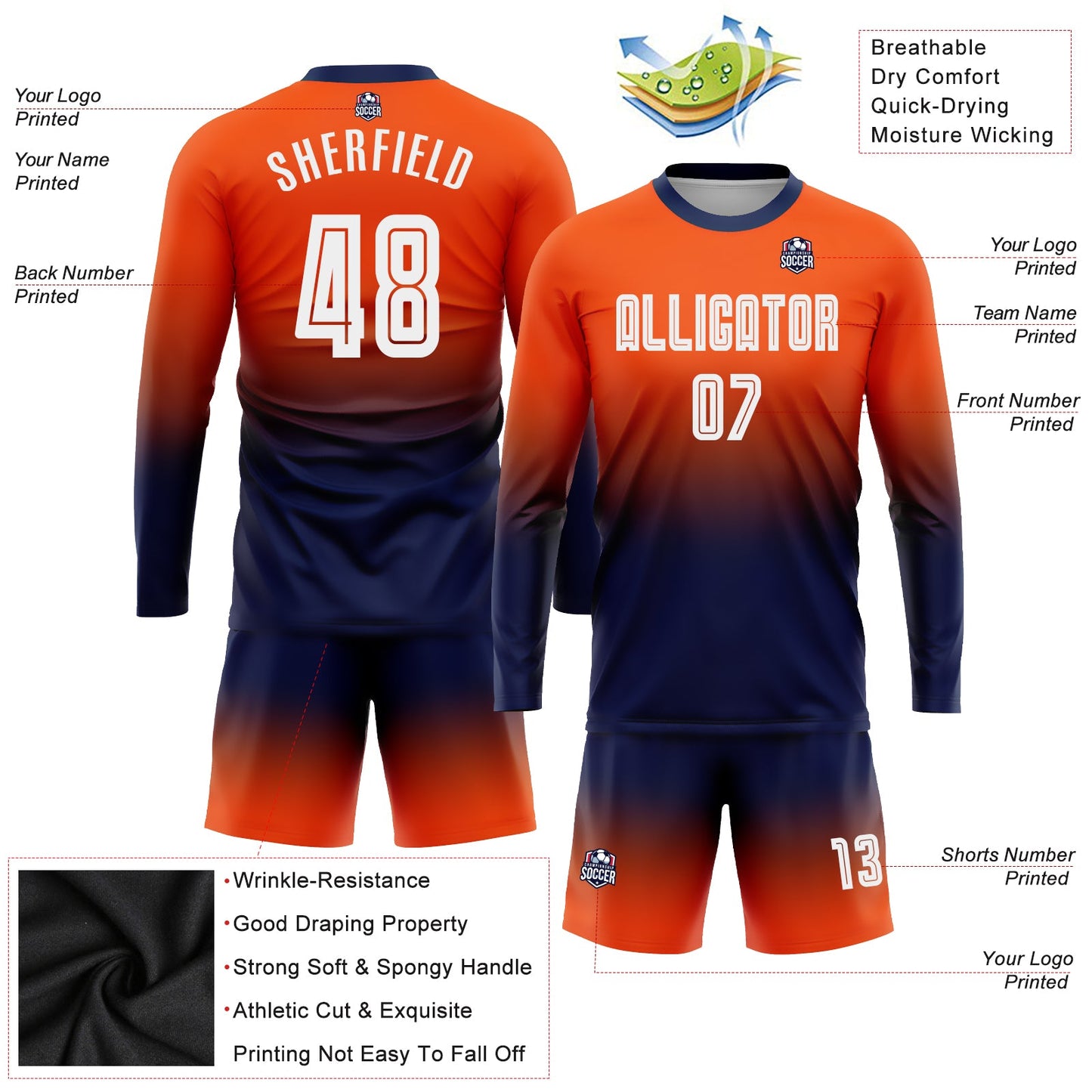 Maillot d'uniforme de football à manches longues, personnalisé, Orange, blanc et marine, par Sublimation, à la mode, fondu