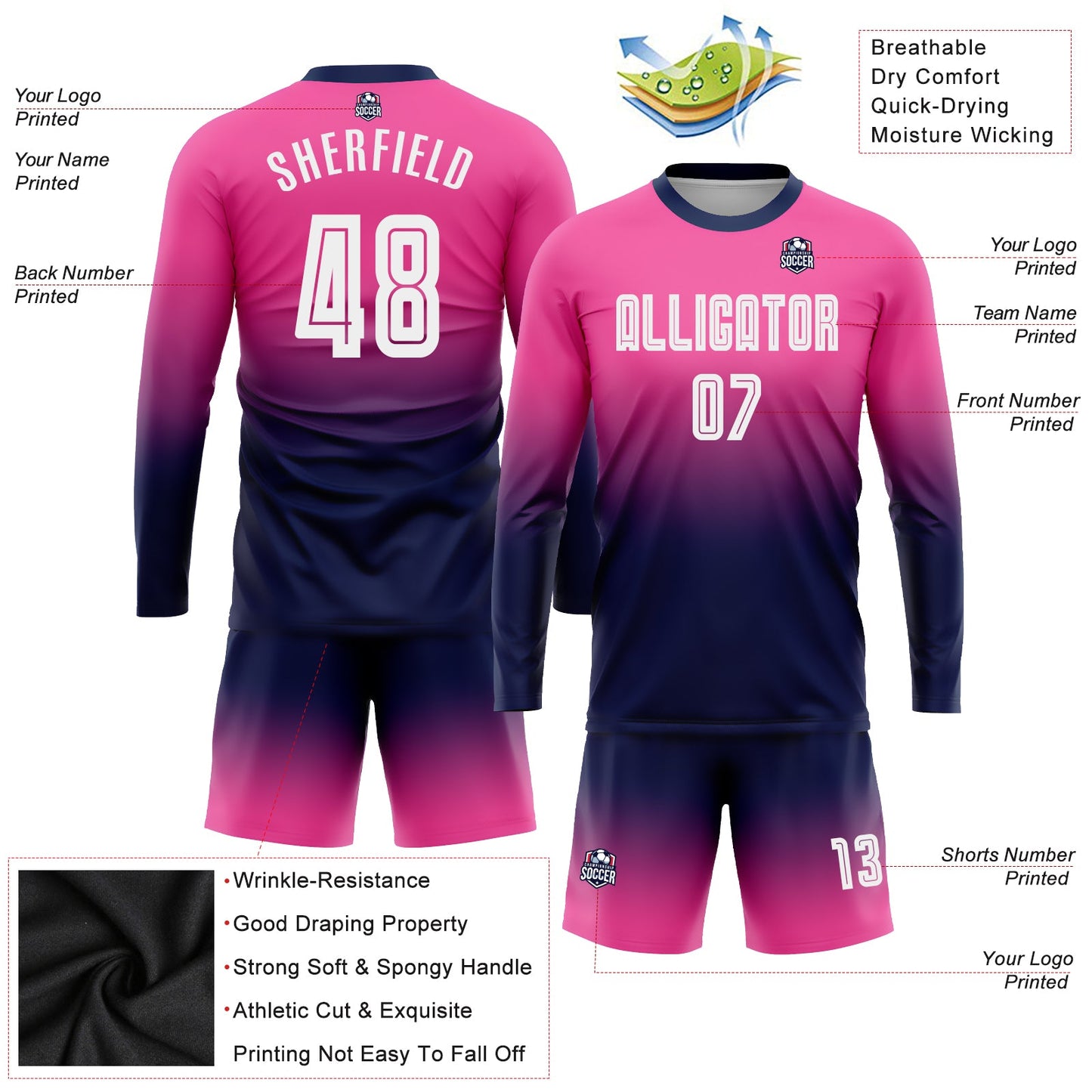 Maillot d'uniforme de football à manches longues, rose, blanc et marine, personnalisé, à la mode, fondu, par Sublimation