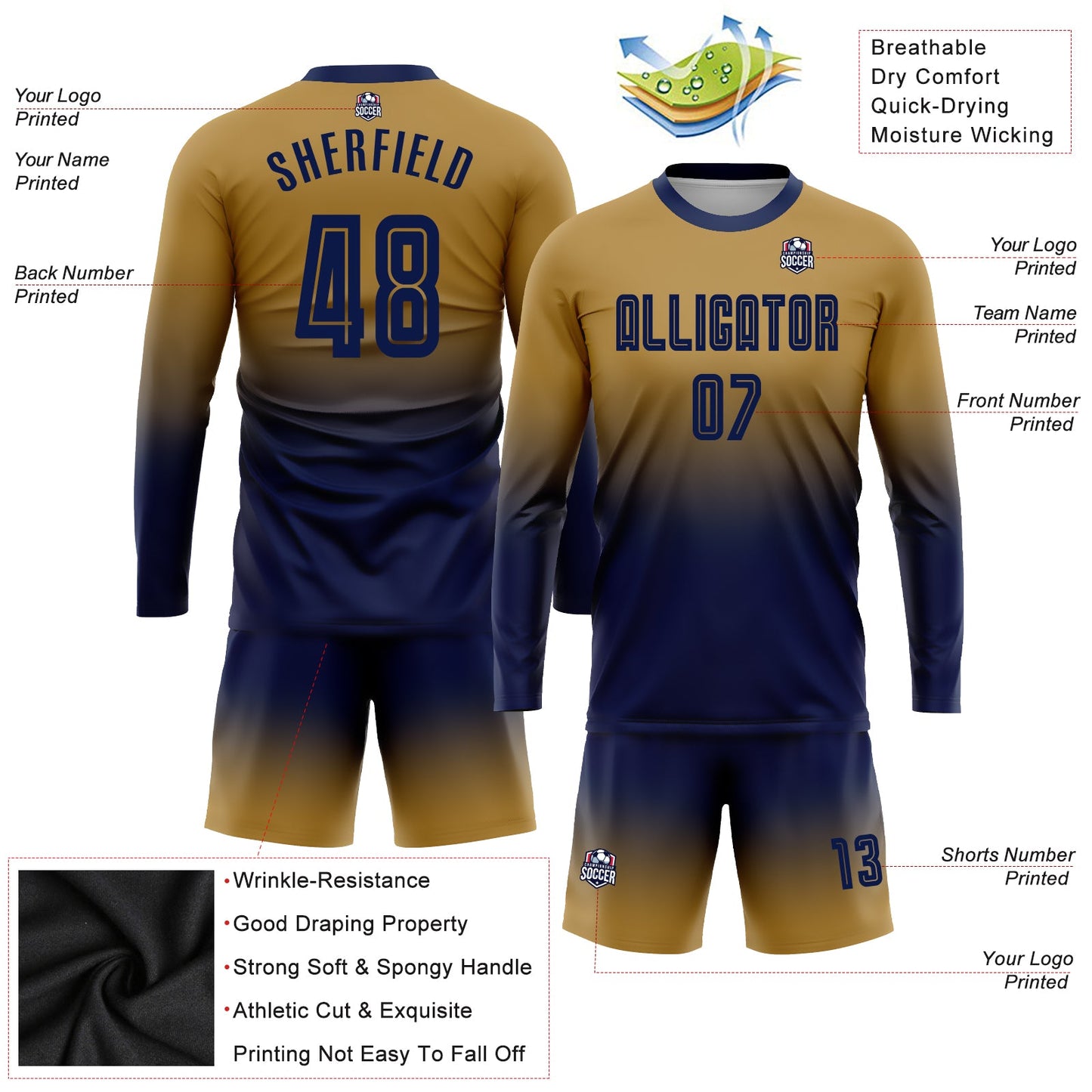 Custom Old Gold Navy Sublimation Long Sleeve Fade Fashion Soccer Uniform Jersey