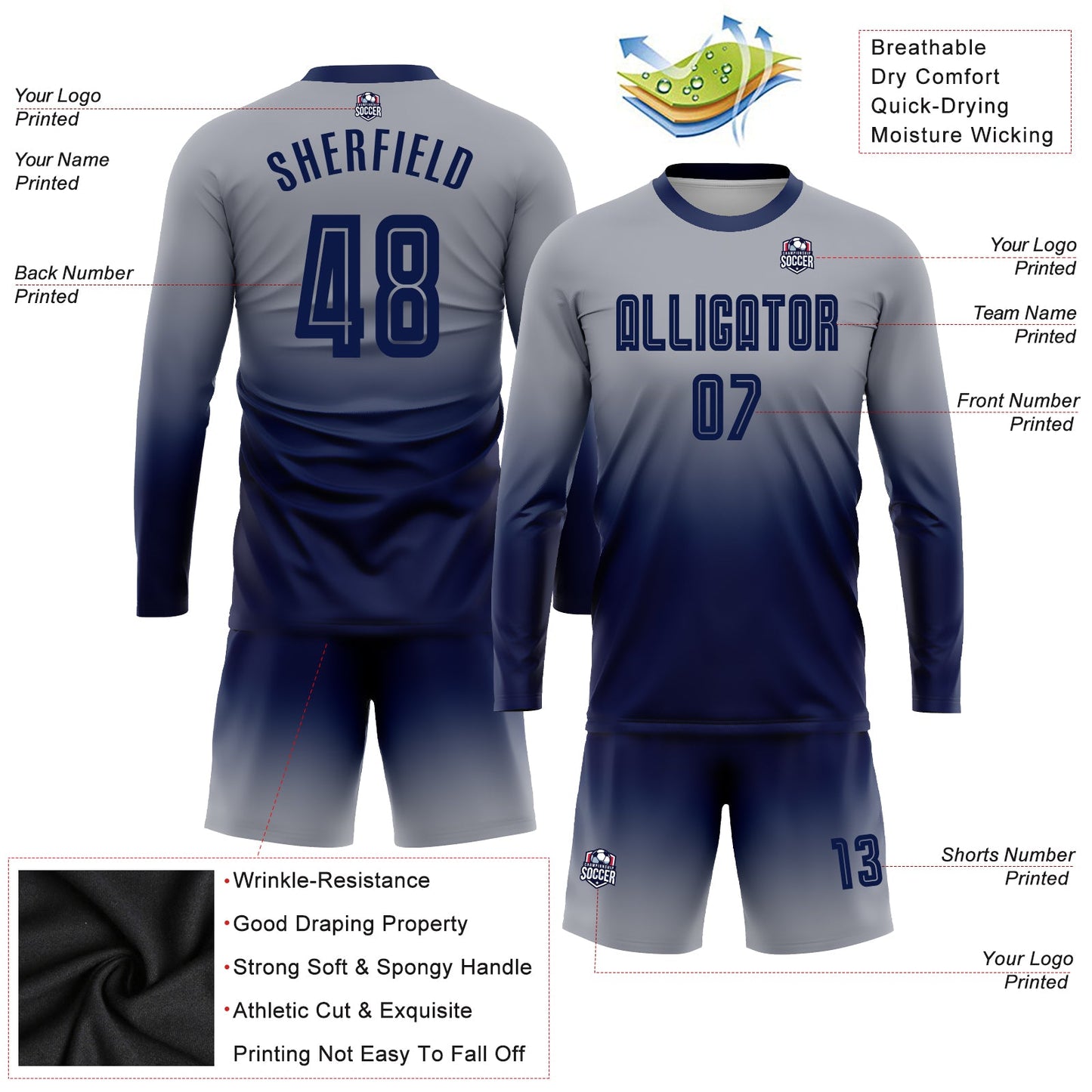 Maillot d'uniforme de football à manches longues, personnalisé, gris marine, sublimation, fondu, mode