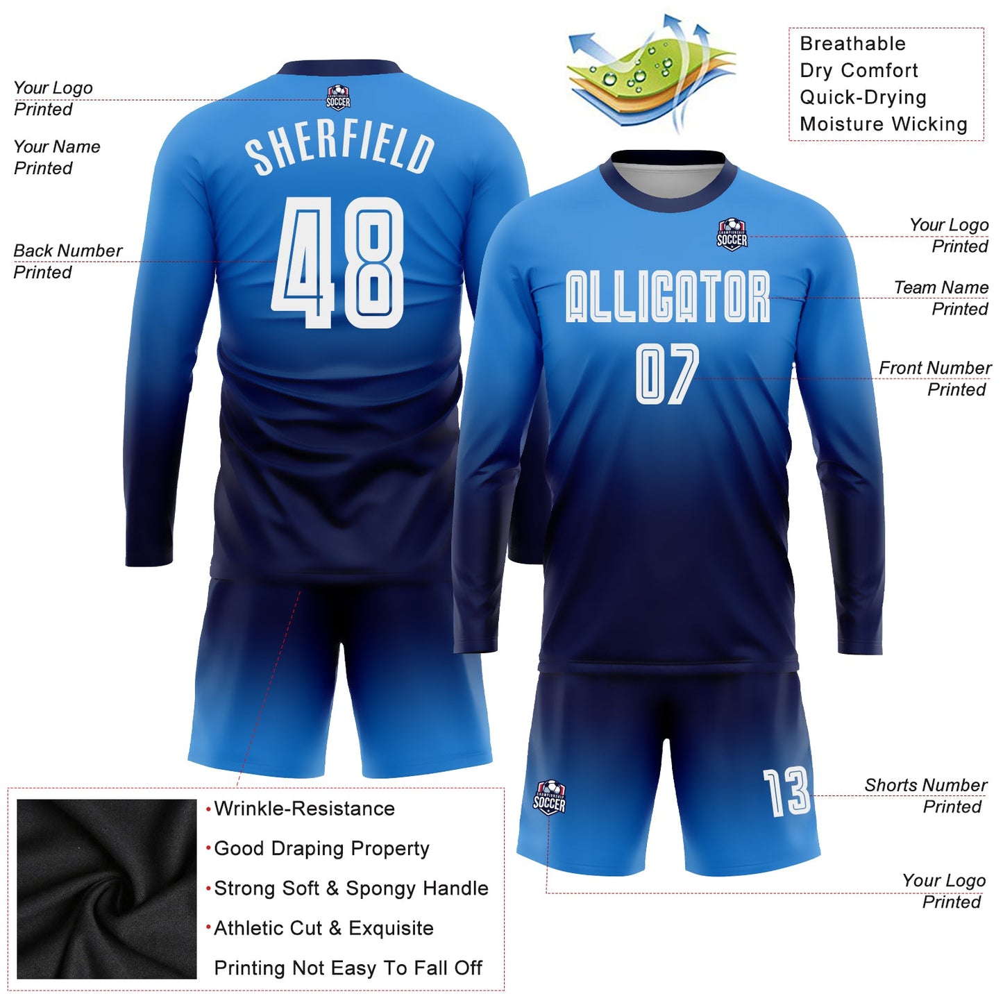 Custom Powder Blue White-Navy Sublimation Long Sleeve Fade Fashion Soccer Uniform Jersey