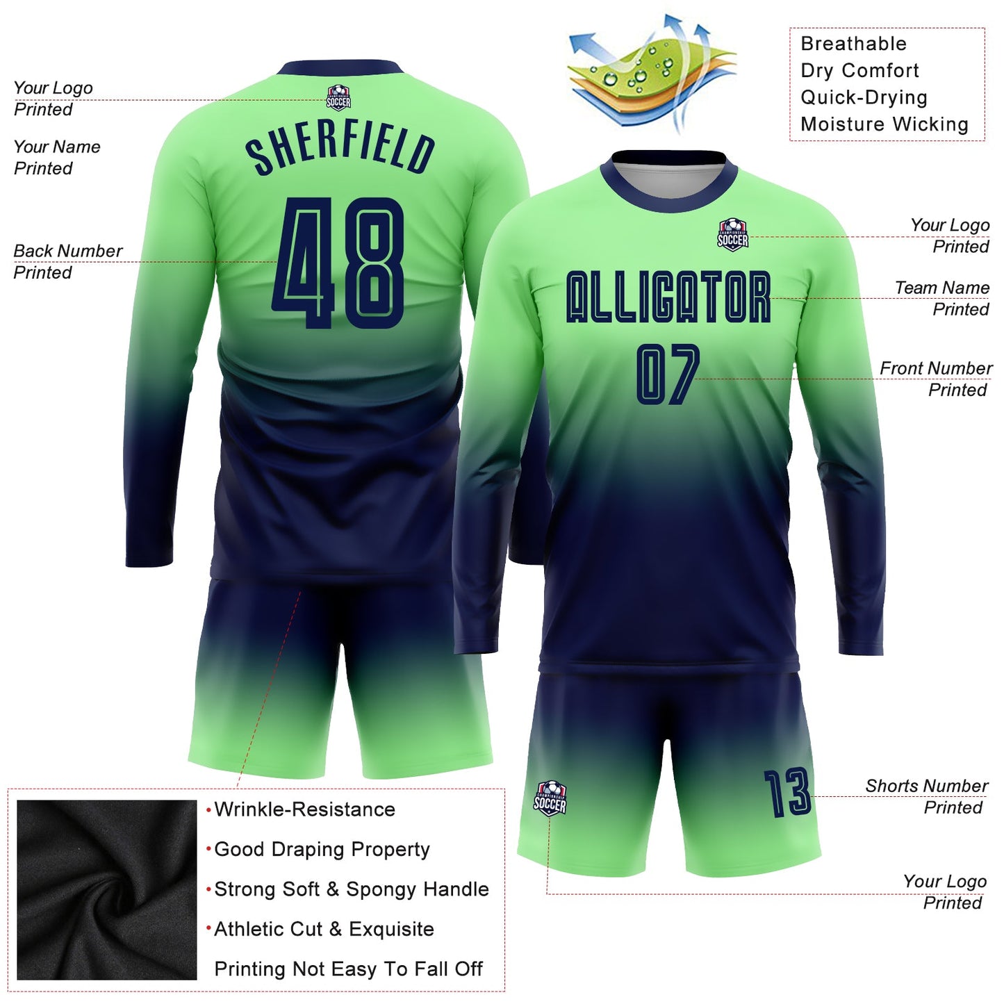 Maillot d'uniforme de football à manches longues, personnalisé, vert pois, par Sublimation, à la mode, fondu, à la mode