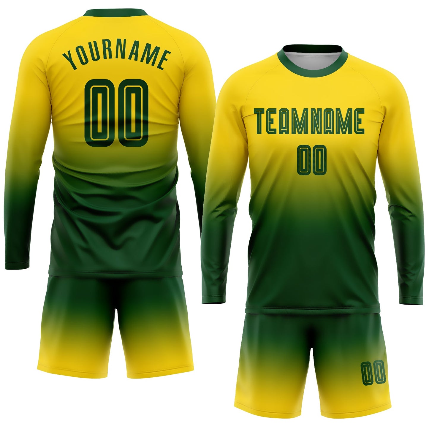 Custom Gold Green Sublimation Long Sleeve Fade Fashion Soccer Uniform Jersey