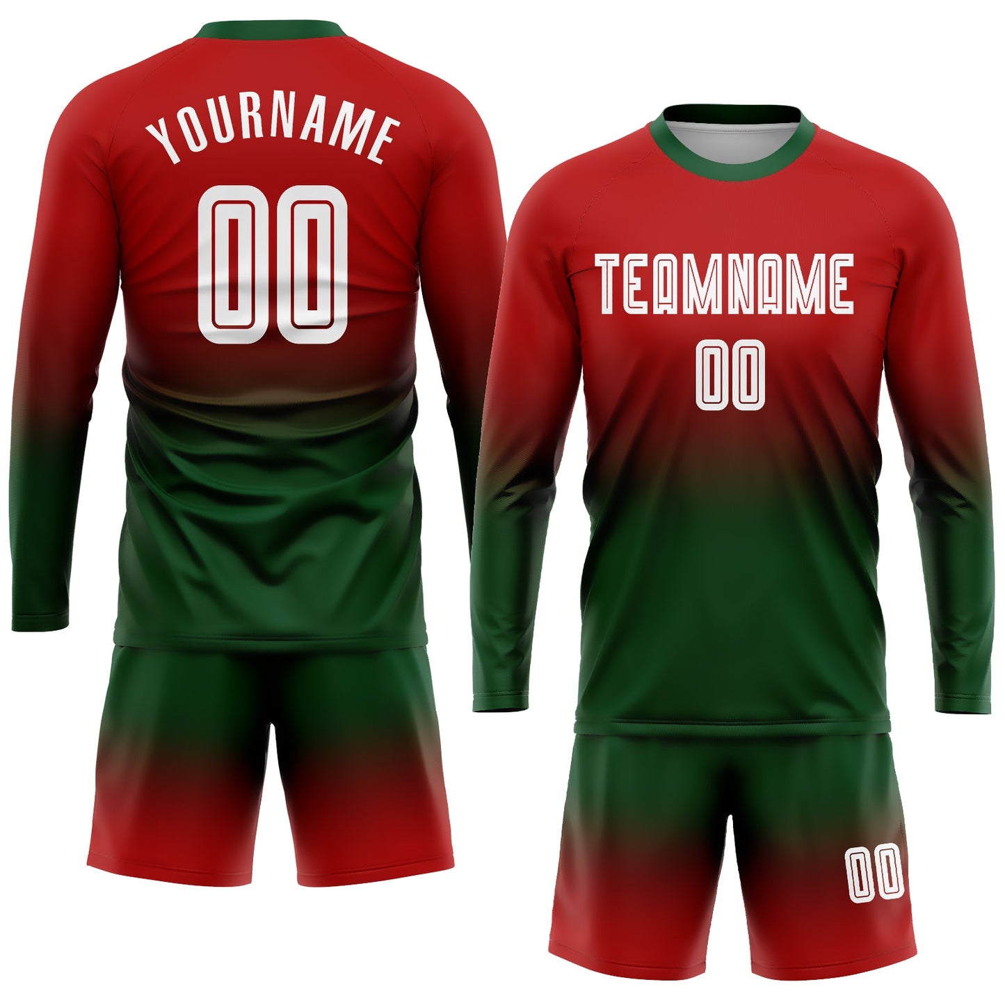 Custom Red White-Green Sublimation Long Sleeve Fade Fashion Soccer Uniform Jersey