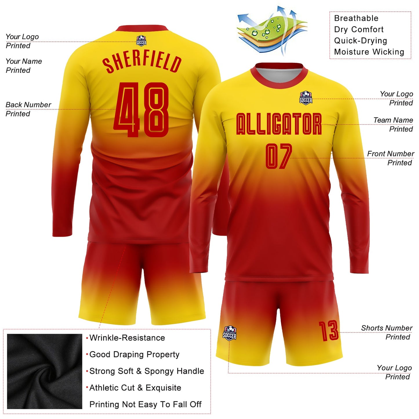 Custom Gold Red Sublimation Long Sleeve Fade Fashion Soccer Uniform Jersey