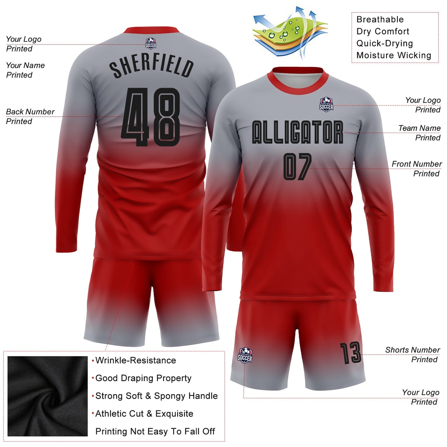 Maillot d'uniforme de football à manches longues, personnalisé, gris, noir et rouge, fondu, à la mode, par Sublimation