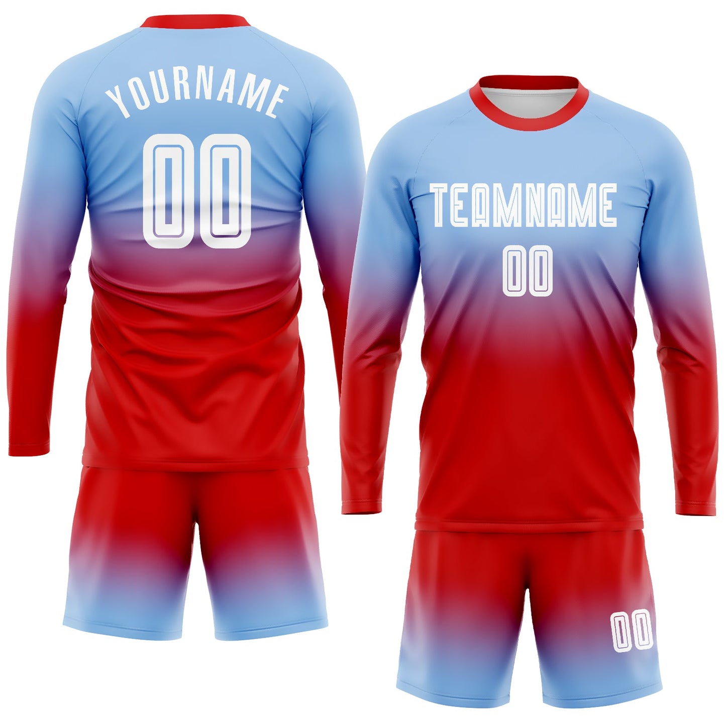 Maillot d'uniforme de football à manches longues, bleu clair, blanc et rouge, personnalisé, à la mode, fondu, par Sublimation