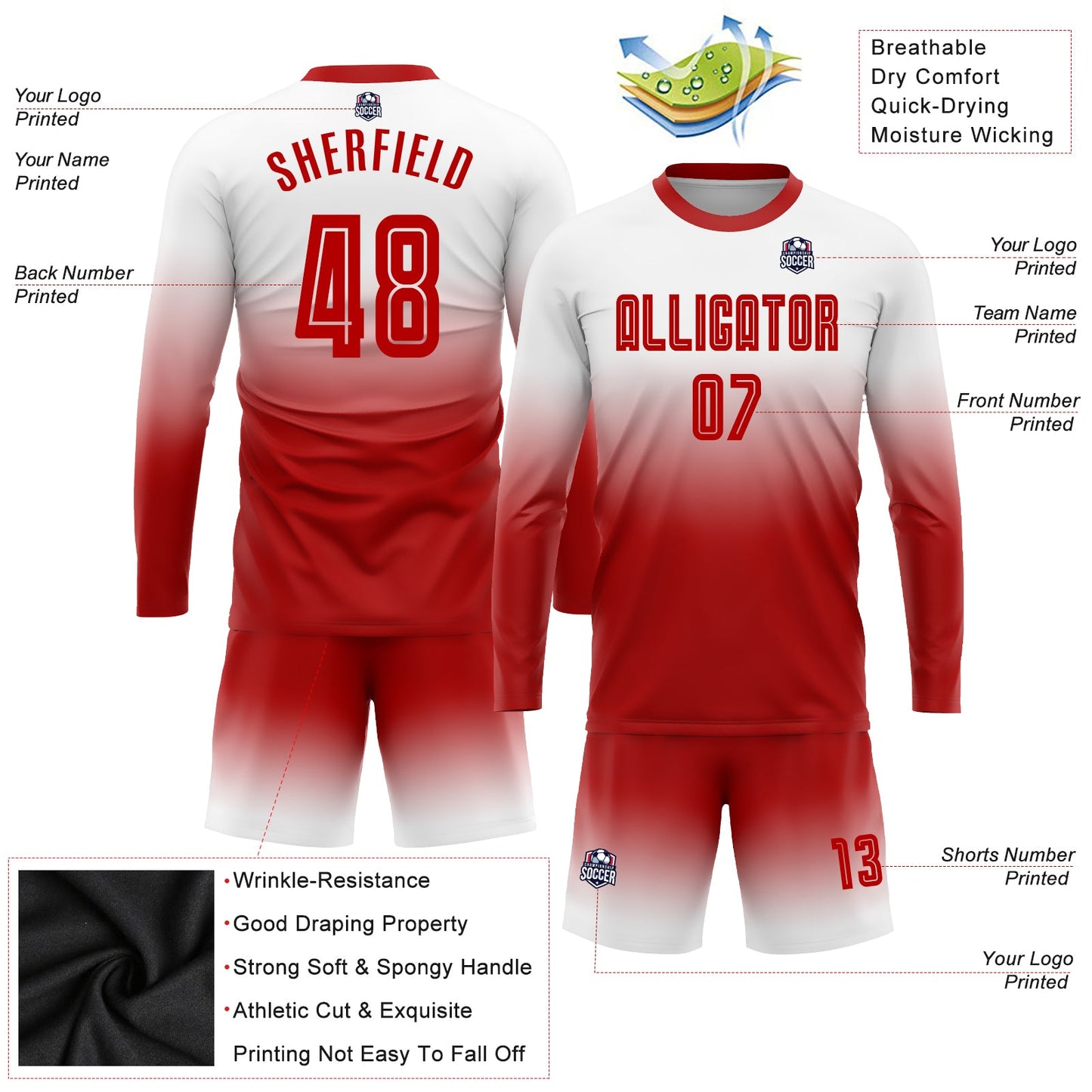 Maillot d'uniforme de football à manches longues, personnalisé, blanc et rouge, fondu, à la mode, par Sublimation