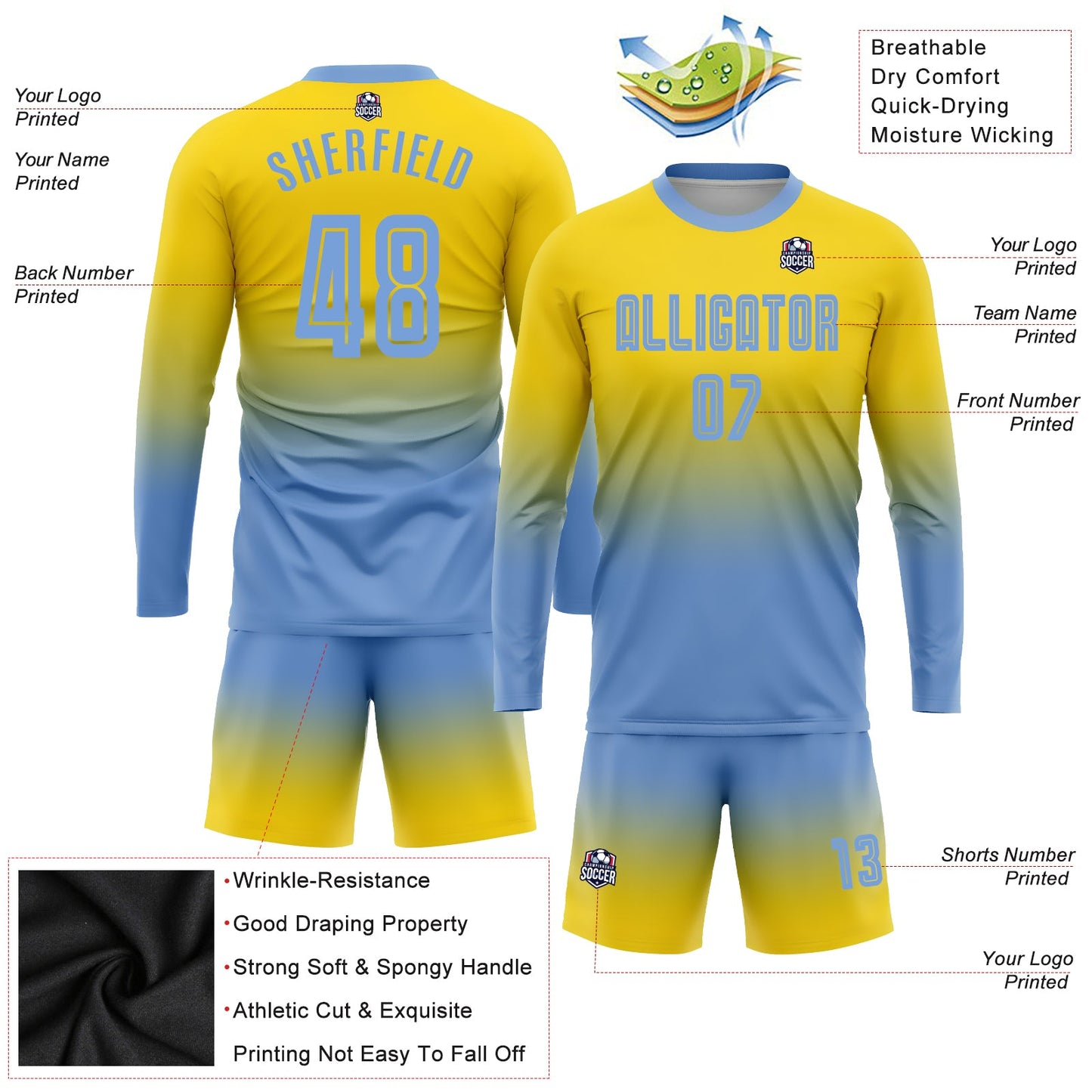 Maillot d'uniforme de football à manches longues, personnalisé, bleu clair, or, fondu, à la mode, par Sublimation