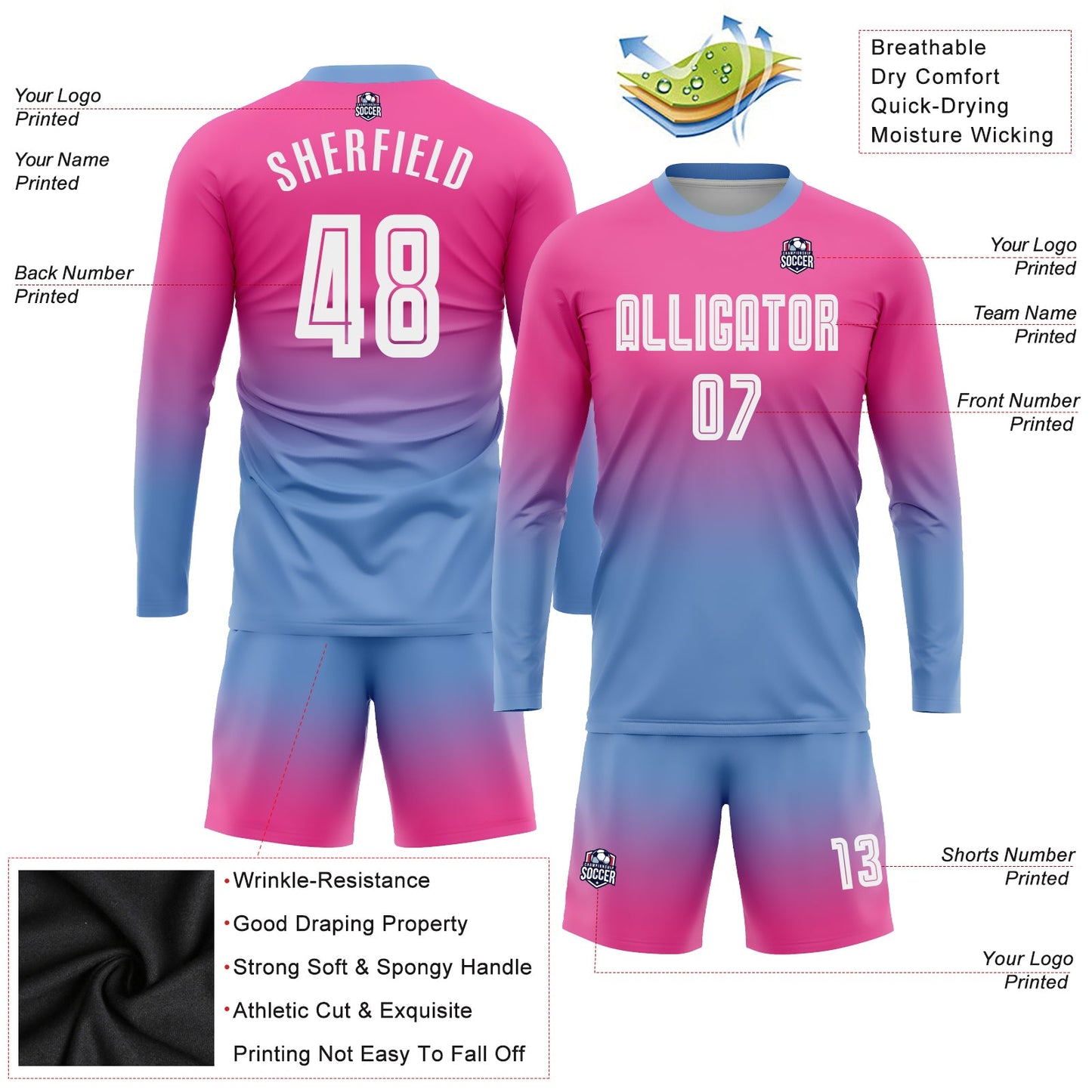 Maillot d'uniforme de football à manches longues, rose, blanc et bleu clair, personnalisé, à la mode, fondu, par Sublimation