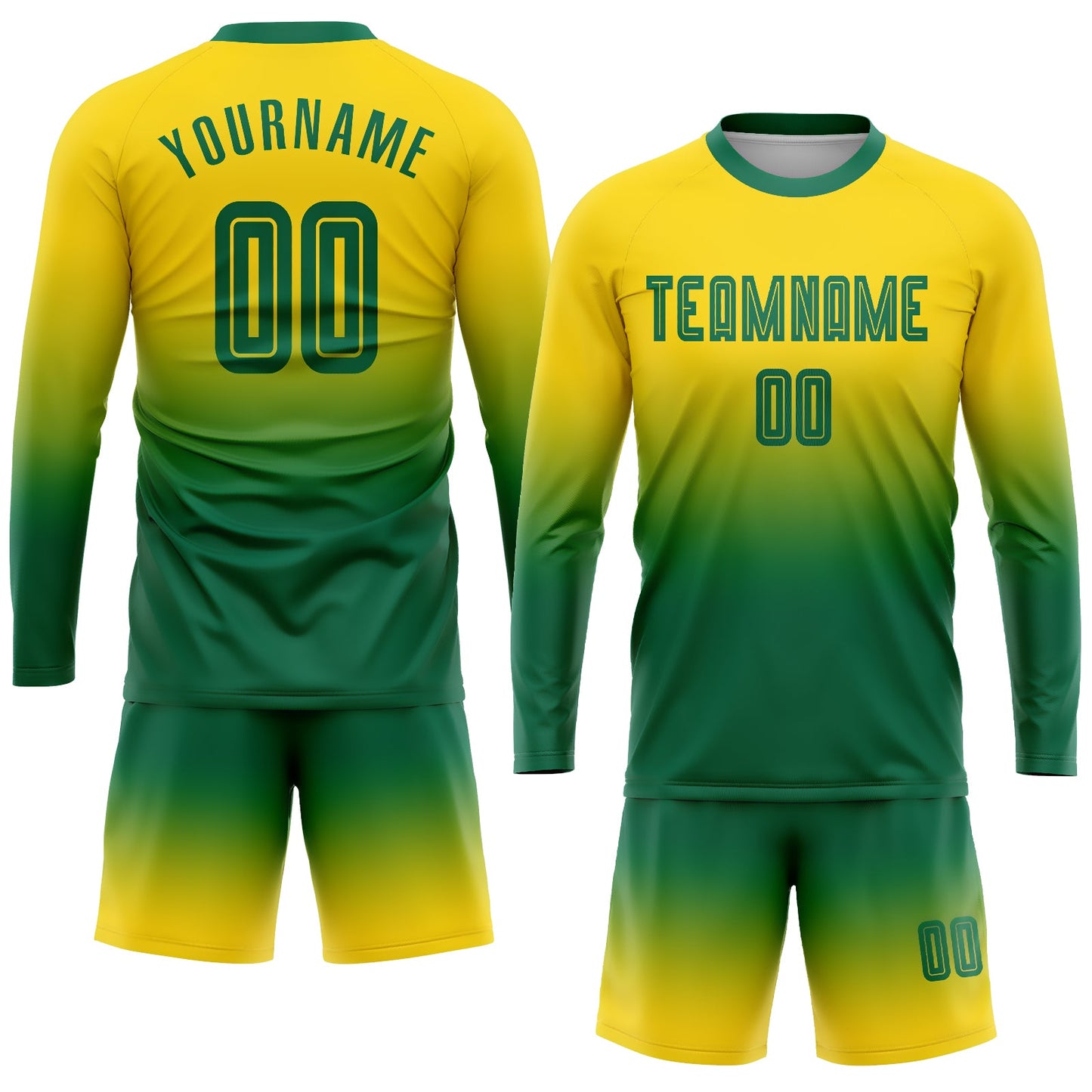 Maillot d'uniforme de football à manches longues, personnalisé, vert Kelly, or, fondu, à la mode, par Sublimation