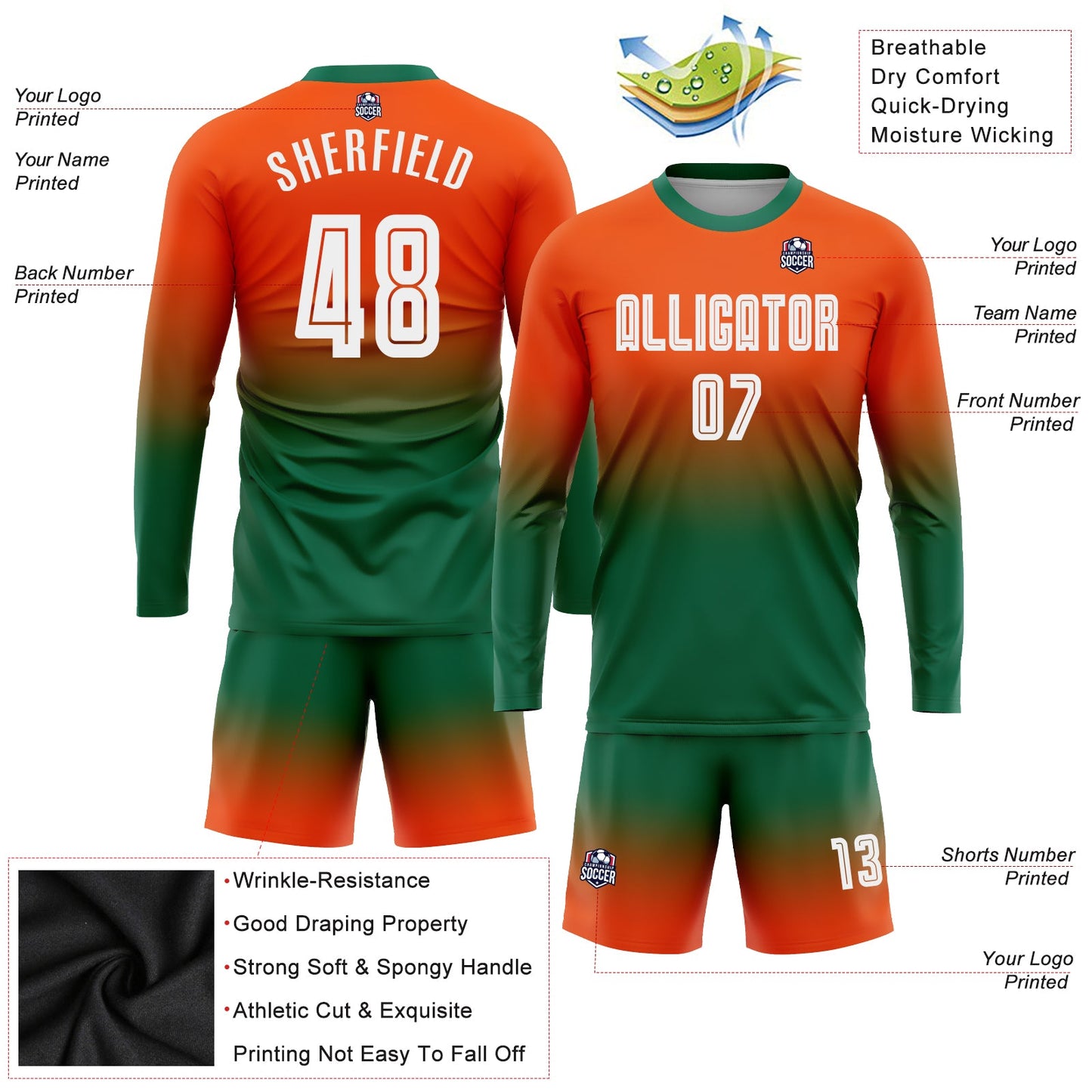 Custom Orange White-Kelly Green Sublimation Long Sleeve Fade Fashion Soccer Uniform Jersey