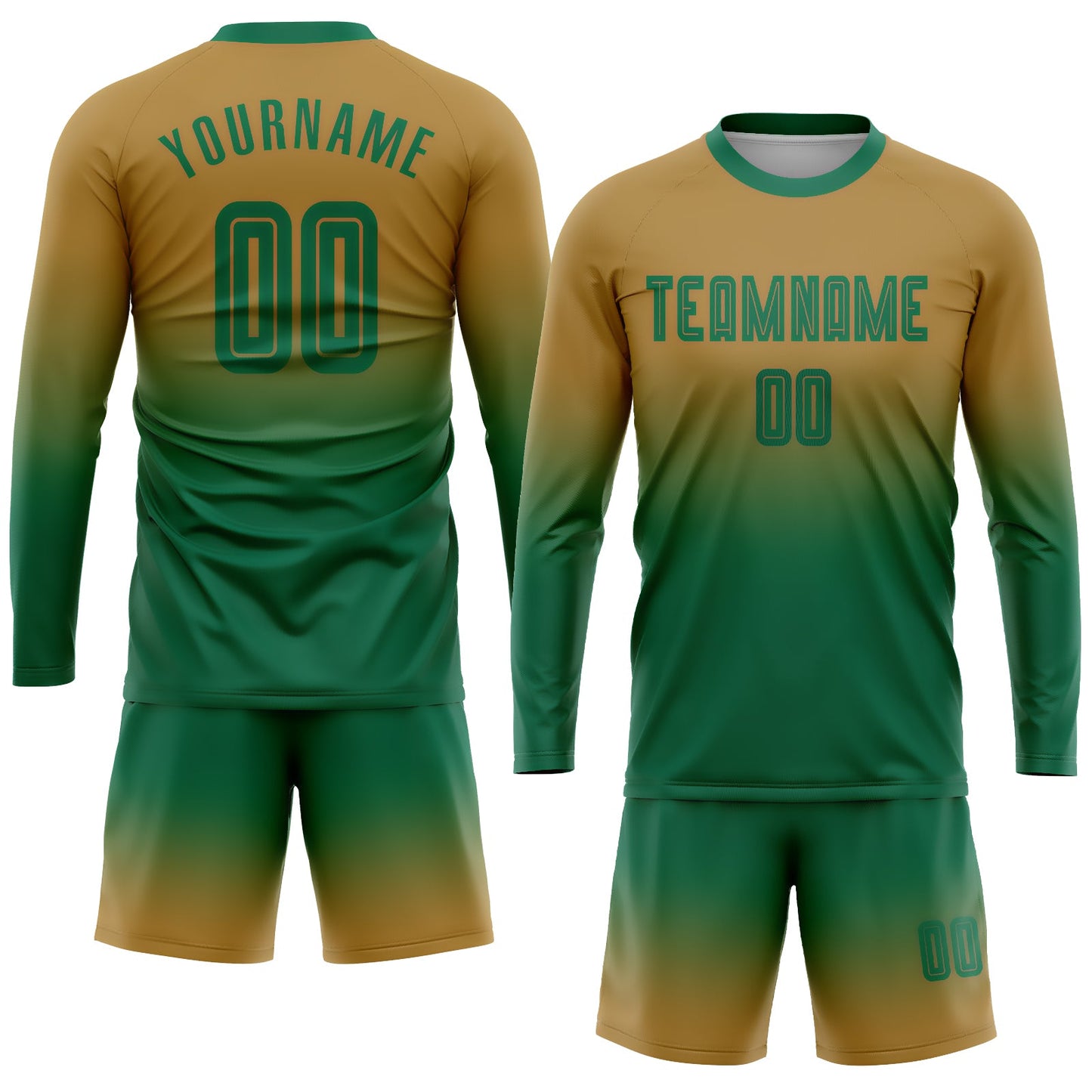 Maillot d'uniforme de football à manches longues, personnalisé, vieux or, vert Kelly, Sublimation, fondu, à la mode