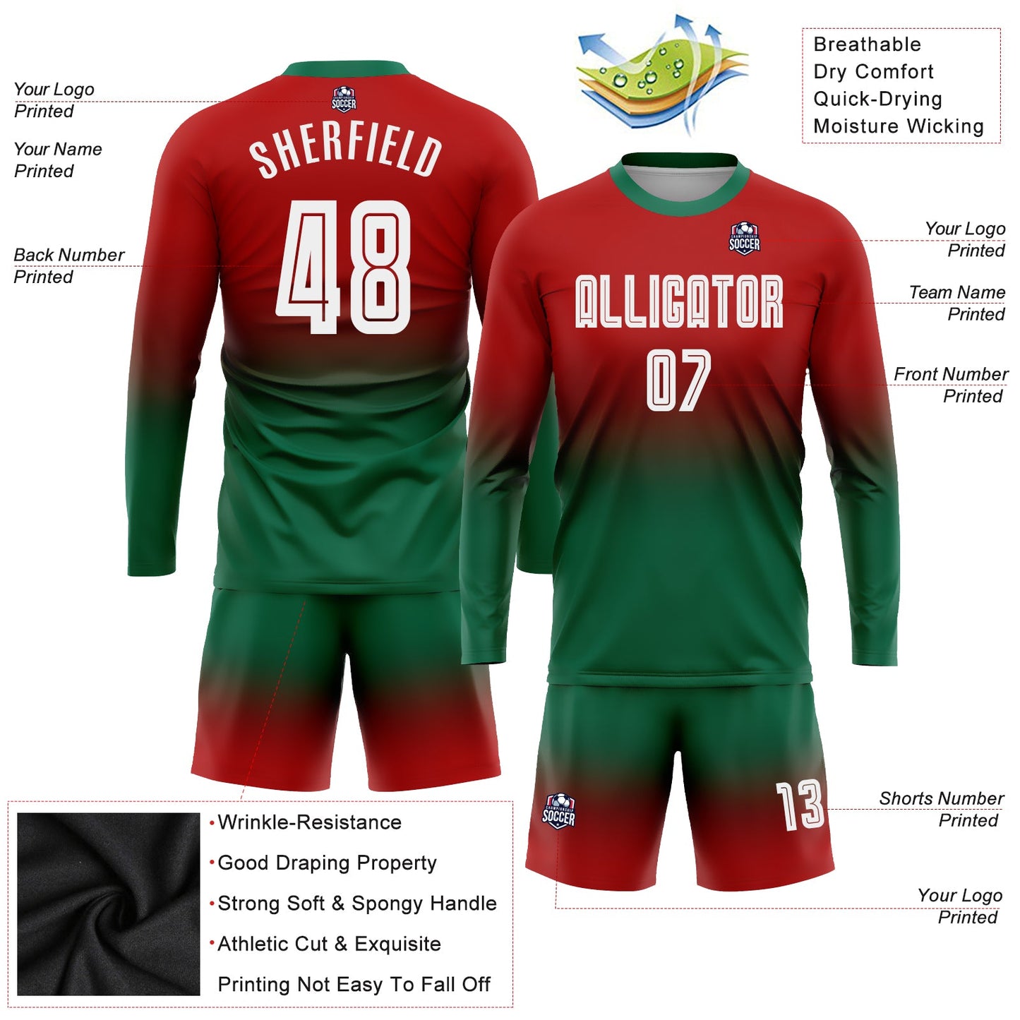 Maillot d'uniforme de football à manches longues, personnalisé, rouge, blanc, vert Kelly, par Sublimation, à la mode, fondu