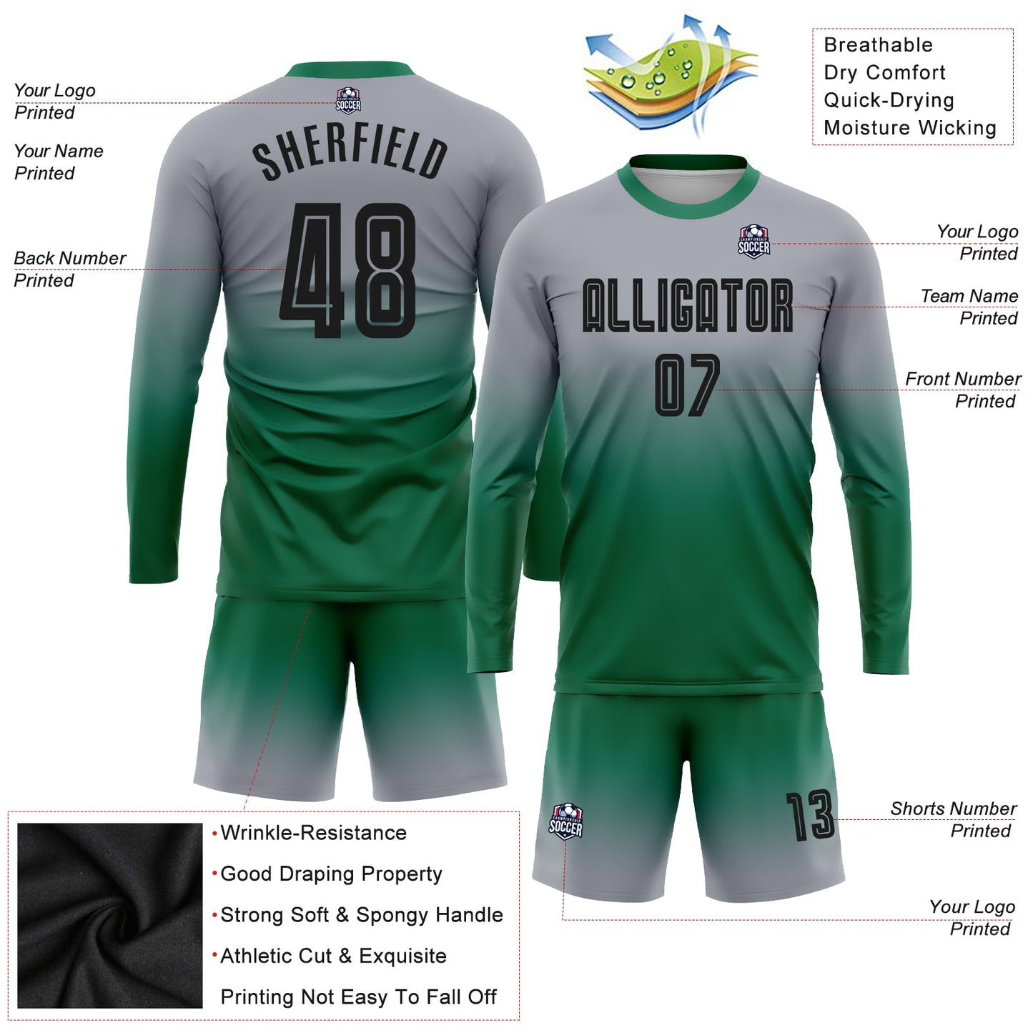 Maillot d'uniforme de football à manches longues, personnalisé, gris, noir, vert Kelly, par Sublimation, à la mode, fondu