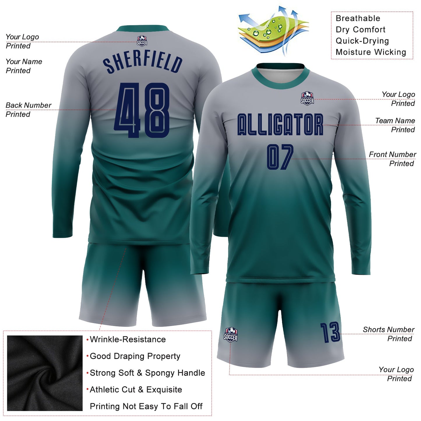 Maillot d'uniforme de football à manches longues, gris marine-sarcelle personnalisé, à la mode, fondu, par Sublimation